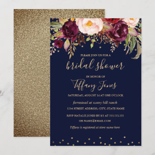Convite Chá de panela Floral Dourado Burgundy Confetti