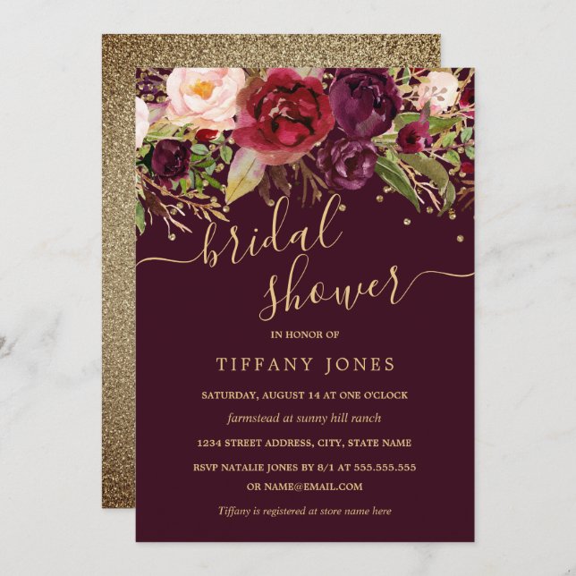 Convite Chá de panela Floral Dourado Burgundy Confetti (Frente/Verso)