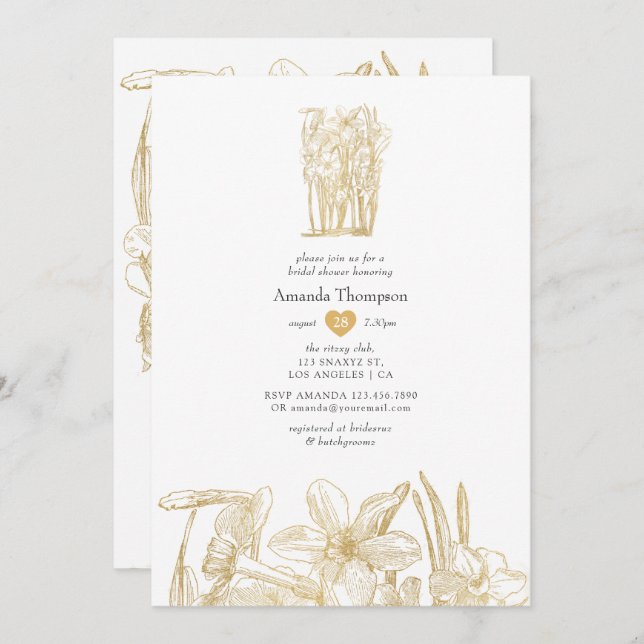 Convite Chá de panela Floral Dourado Chic (Frente/Verso)