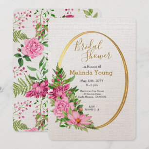 Convite Chá de panela Floral Dourado com Aquarela Rosa Boh