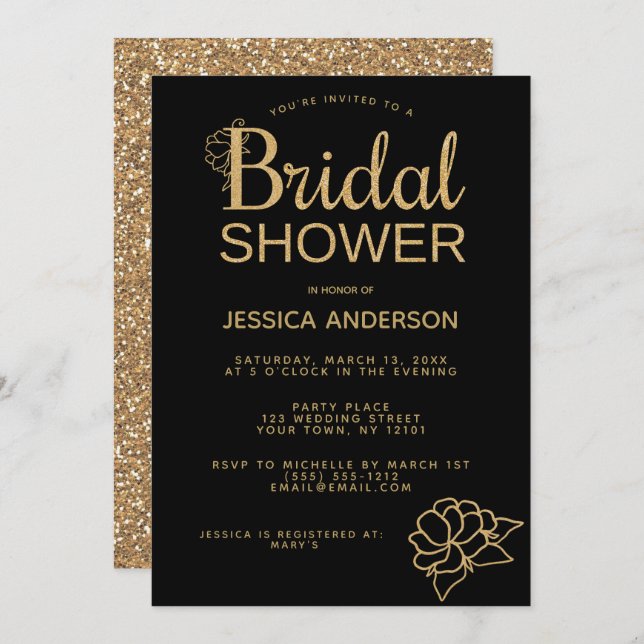 Convite Chá de panela Floral Dourado com Brilho Preto (Frente/Verso)