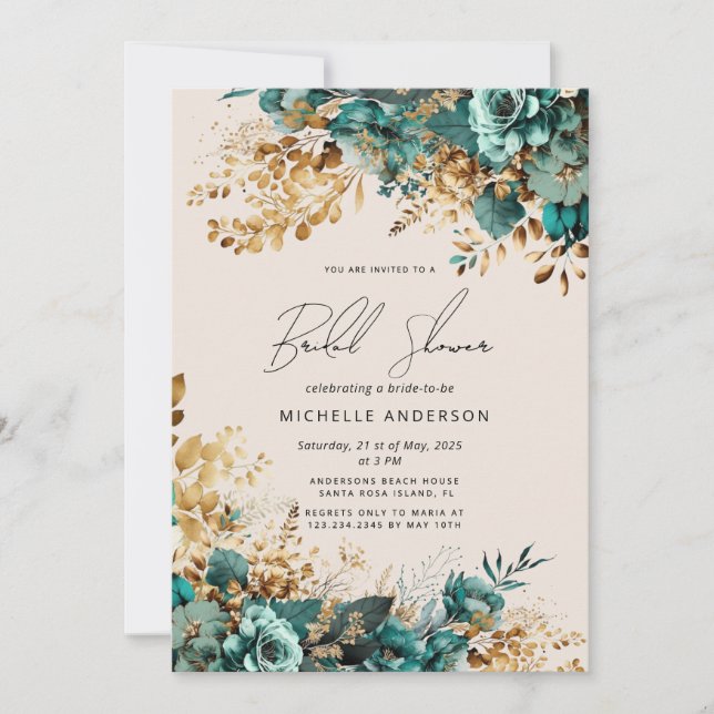 Convite Chá de panela Floral Dourado com Teal de Água (Frente)