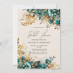 Convite Chá de panela Floral Dourado com Teal de Água