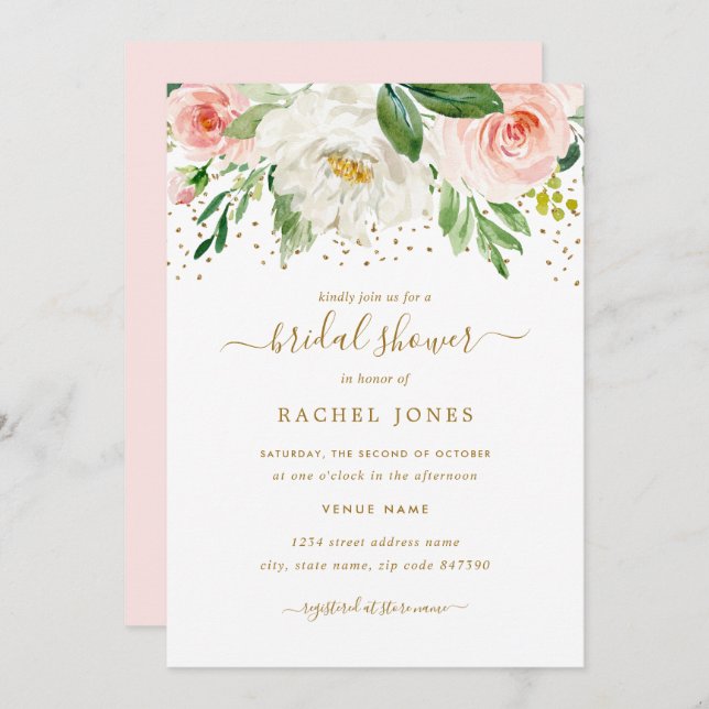 Convite Chá de panela Floral Dourado Cor-de-Água Rosa (Frente/Verso)