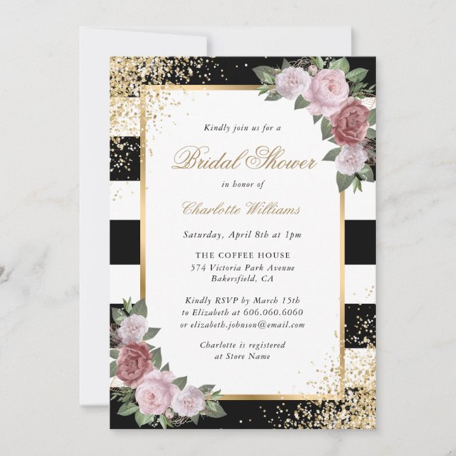 Convite Chá de panela Floral Dourado  Cor-de-Rosa Esbranqu (Frente)