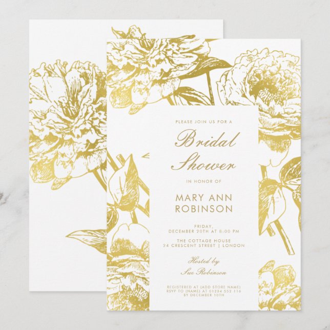 Convite Chá de panela Floral Dourado Elegante (Frente/Verso)