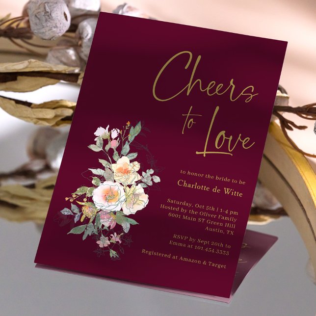 Convite Chá de panela Floral Dourado Elegante (Elegant Gold Burgundy Floral Bridal Shower Invitation)
