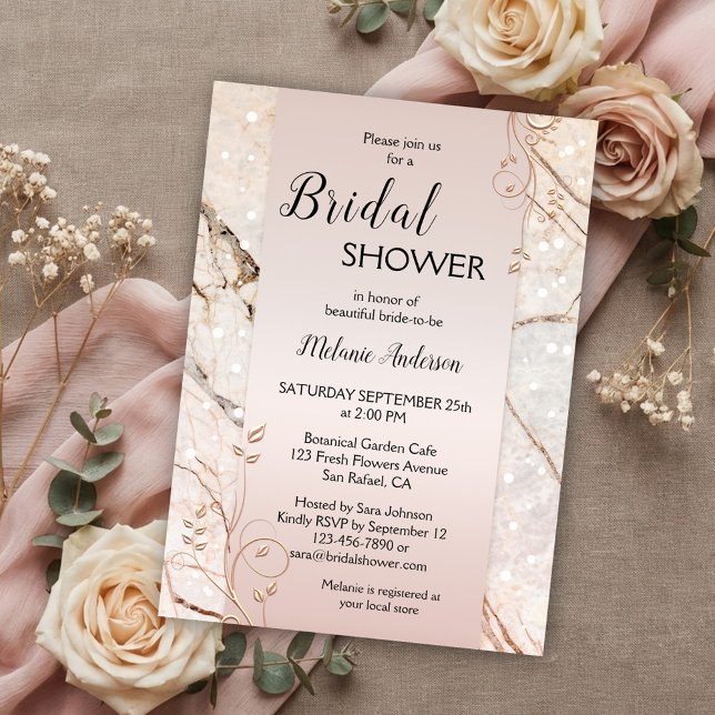 Convite Chá de panela Floral Dourado Marble Rosa (Bridal shower invitation featuring rose gold floral swirls on a blush pink with marble background)