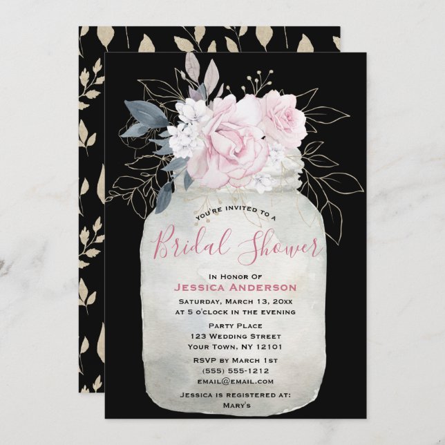 Convite Chá de panela Floral Dourado Mason Jar Preto (Frente/Verso)