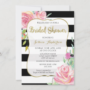 Convite Chá de panela Floral Dourado, Preto e Branco