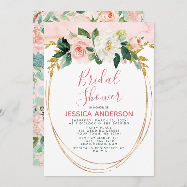 Convite Chá de panela Floral Dourado Rosa (Frente/Verso)