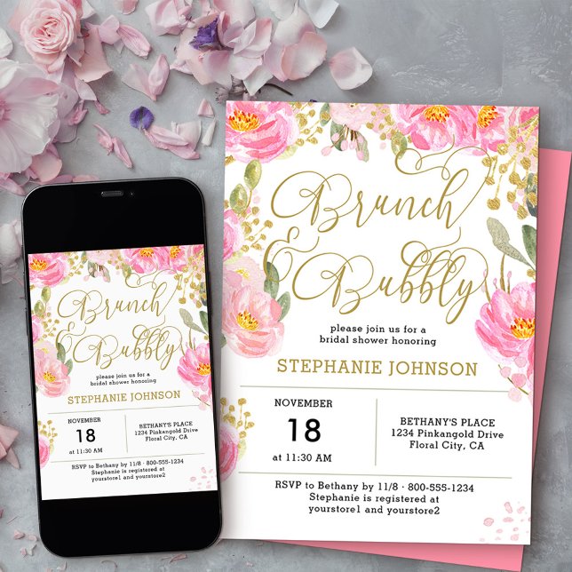 Convite Chá de panela Floral Dourado Rosa Brunsável (Bridal Shower brunch & bubbly invitation from my Pink and Gold Watercolor Floral Collection
)