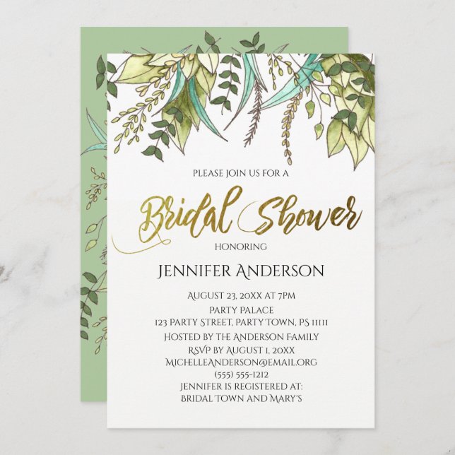 Convite Chá de panela Floral Dourado Verde (Frente/Verso)