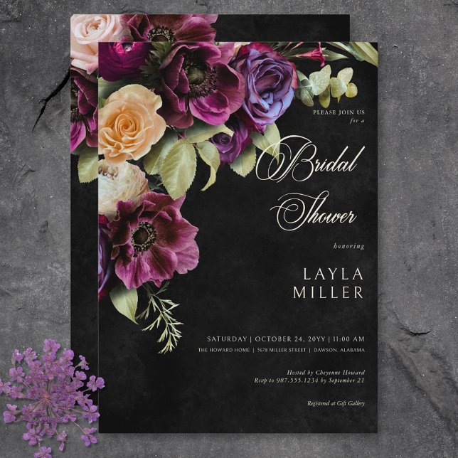 Convite Chá de panela Floral Dramático Negro Elegante Escu (Dark Elegant Black Dramatic Floral Bridal Shower Invitation)