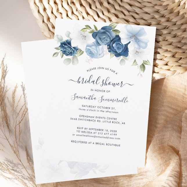 Convite Chá de panela Floral Dusty Azul (Floral Dusty Blue and White Nature Script Bridal Shower Invitation)