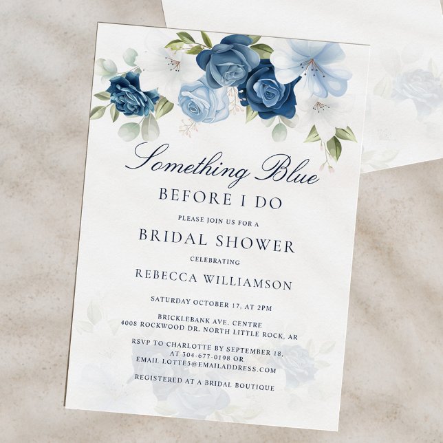 Convite Chá de panela Floral Dusty Blue (Floral Dusty Blue Script Bridal Shower Invitation)