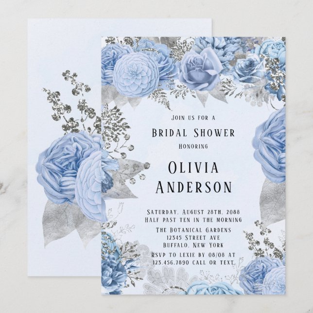 Convite Chá de panela Floral Dusty Blue e Silver (Frente/Verso)