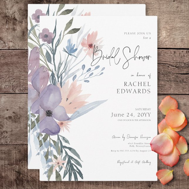 Convite Chá de panela Floral Dusty Purple & Blue Boho (Dusty Purple & Blue Boho Floral Bridal Shower Invitation)