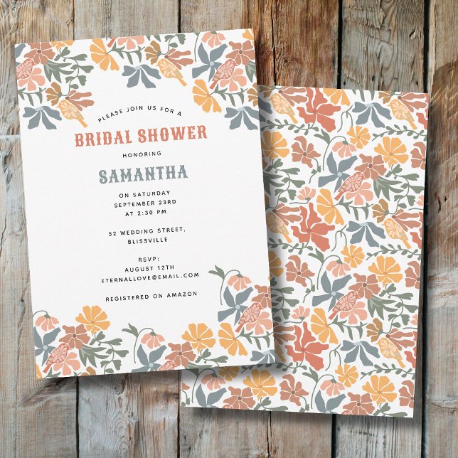 Convite Chá de panela Floral e Meio século de Aves (Abstract Floral & Birds Mid Century Bridal Shower Invitation)