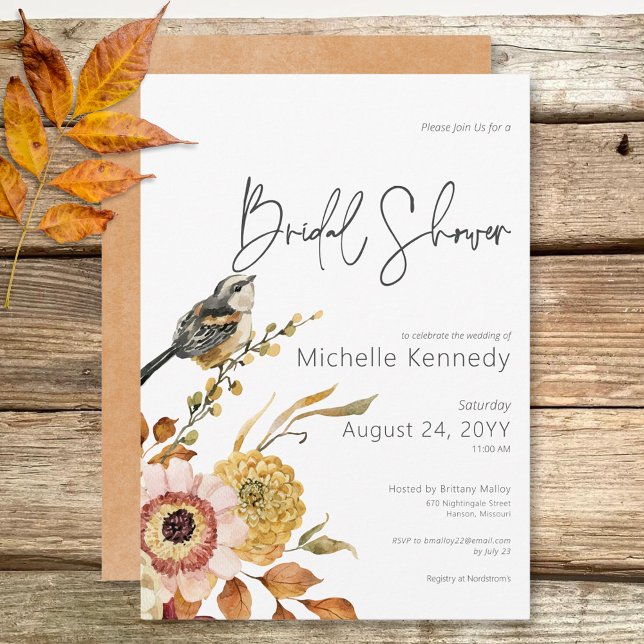 Convite Chá de panela Floral e Pássaro de Queda Moderna (Modern Fall Floral & Bird Bridal Shower Invitation)