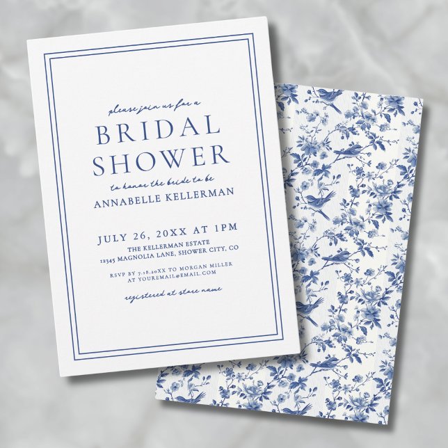 Convite Chá de panela Floral Elegante Blue Chinoserie Bird (Elegant Blue Chinoserie Bird Floral Bridal Shower Invitation)