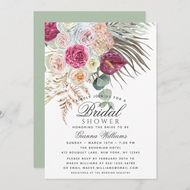 Convite Chá de panela Floral Elegante Boho (Frente/Verso)