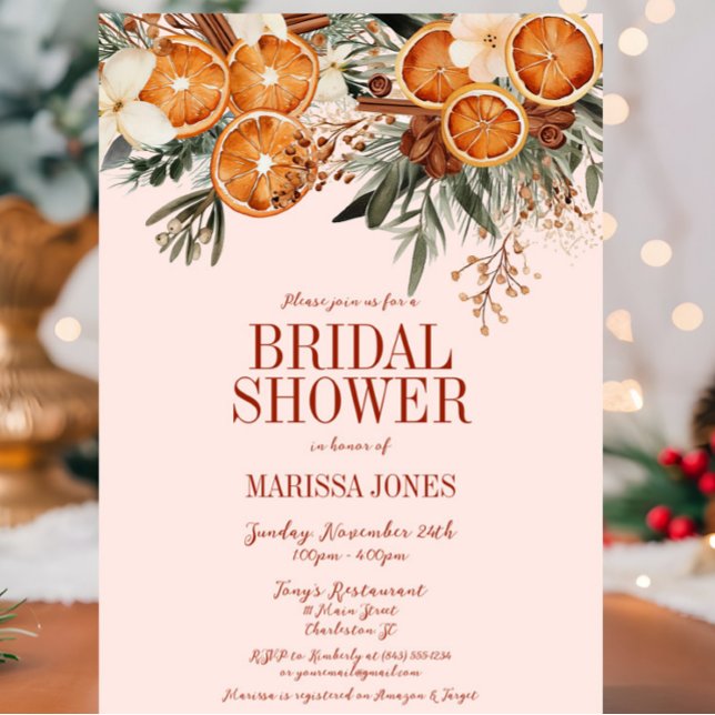 Convite Chá de panela Floral Elegante Citrus (Pink Orange Citrus Floral Bridal Shower Invitation, Christmas, Fall Autumn, Elegant Modern Wedding)