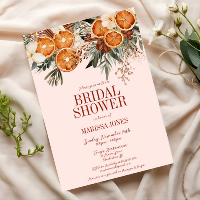Convite Chá de panela Floral Elegante Citrus (Pink Orange Citrus Floral Bridal Shower Invitation, Christmas, Fall Autumn, Elegant Modern Wedding)