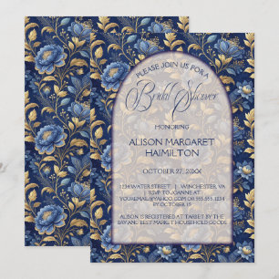 Convite Chá de panela Floral Elegante marinho Azul e Doura