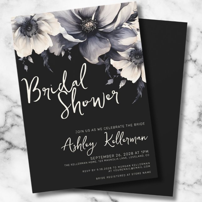 Convite Chá de panela Floral Elegante Preto (Chic Elegant Floral Black White Bridal Shower Invitation)