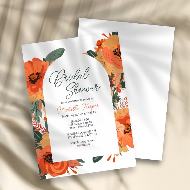 Convite Chá de panela Floral Elegante Terracotta (Bridal shower invitation card with terracotta and orange floral design on a white background.)