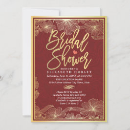 Convite Chá de panela Floral Elegante Vermelho e Dourado