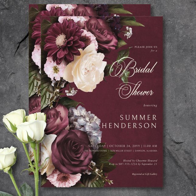 Convite Chá de panela Floral Escuro Elegante Burgundy e Cr (Dark Elegant Burgundy & Cream Floral Bridal Shower Invitation)