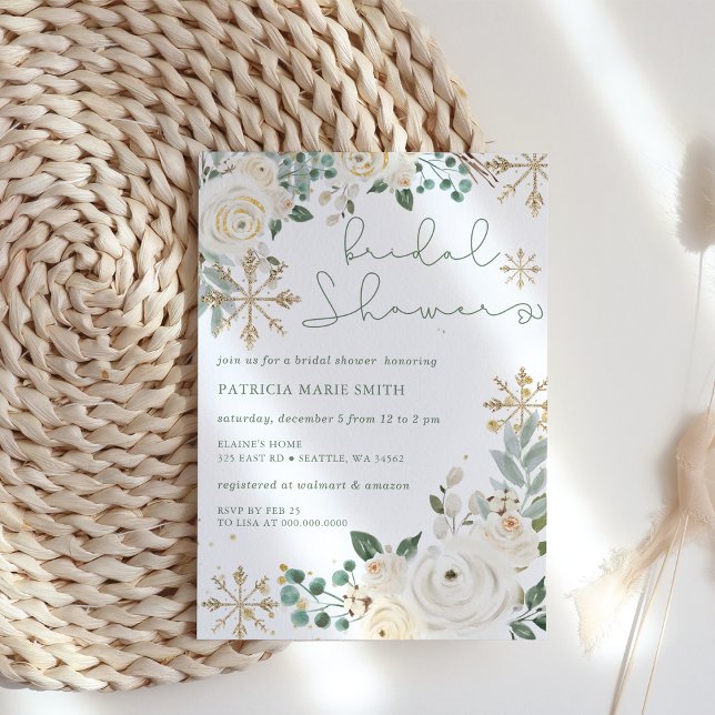 Convite Chá de panela Floral Floco de Neve de inverno de N (Christmas Winter Snowflake Floral Bridal Shower Invitation)
