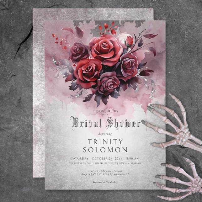 Convite Chá de panela Floral Gótico Preto e Rosa vermelha (Gothic Black & Red Rose Floral Bridal Shower Invitation)