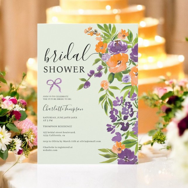 Convite chá de panela Floral Laranja primavera Lavanda Ver (Spring Green Lavender Orange Floral bridal shower Invitation)