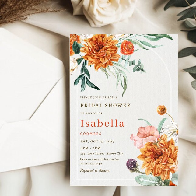 Convite Chá de panela Floral Laranja Queimado Elegante (Elegant Burnt Orange Fall Floral Bridal Shower Invitation)