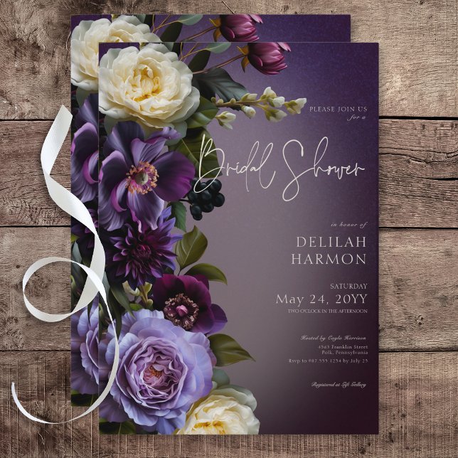 Convite Chá de panela Floral Lavanda e Roxo Escuro (Dark Moody Purple & Lavender Floral Bridal Shower Invitation)