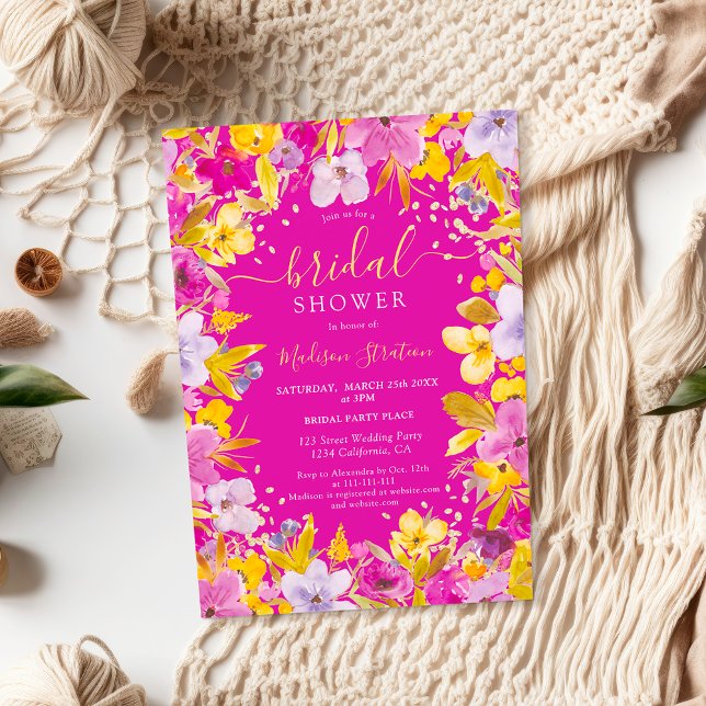 Convite Chá de panela floral lavanda roxo moderno de Boho (Boho modern purple lavender floral bridal shower invitation on hot pink)