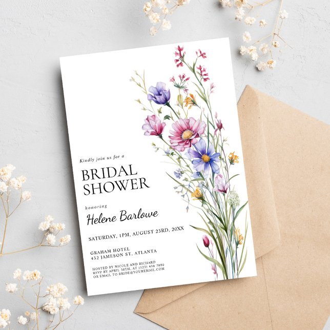 Convite Chá de panela Floral Moderno Elegante (Elegant Modern Floral Wildflower Bridal Shower Invitation)