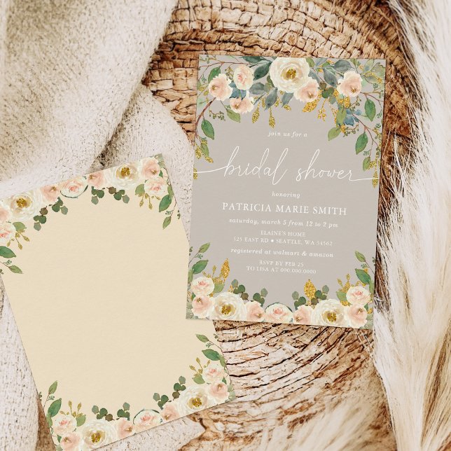 Convite Chá de panela Floral Moderno Elegante de Pesseguei (Modern Elegant Taupe Peach Floral Bridal Shower Invitation)