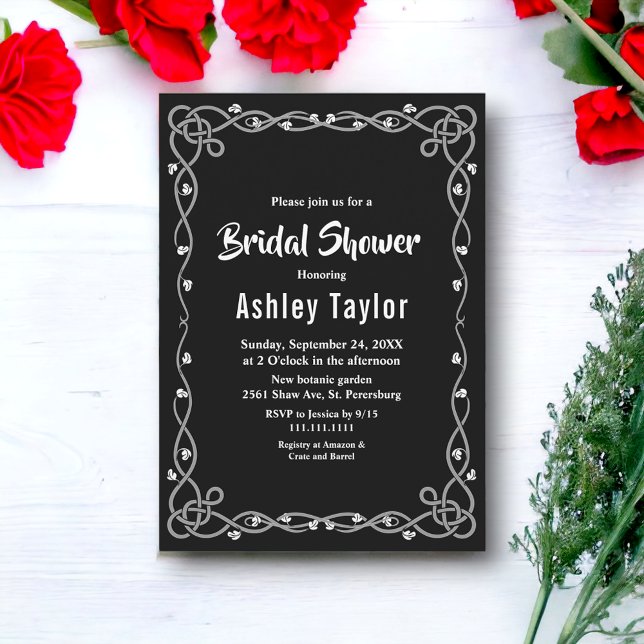 Convite Chá de panela Floral Moderno Mínimo Preto e Branco (Criador carregado)