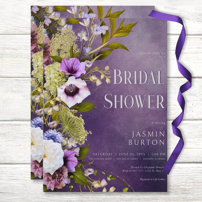 Convite Chá de panela Floral Moderno Roxo Escuro e Sage (Dark Purple & Sage Floral Modern Bridal Shower Invitation)