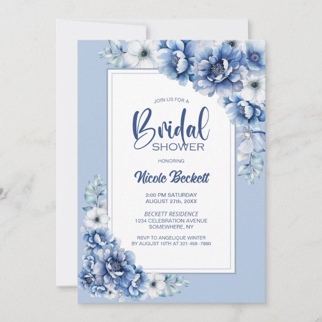 Convite Chá de panela Floral na moda Azul (Frente)