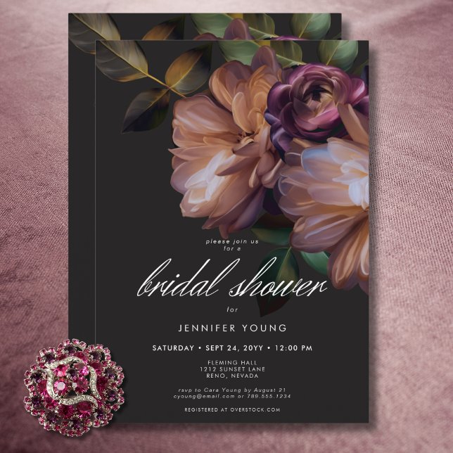 Convite Chá de panela Floral Negro Elegante (Elegant Black Moody Floral Bridal Shower Invitation)