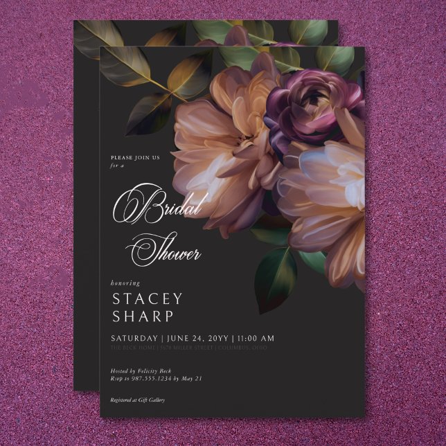 Convite Chá de panela Floral Negro Elegante (Elegant Black Moody Floral Bridal Shower Invitation)