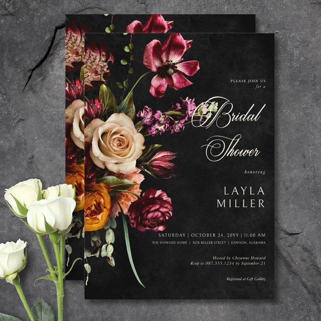 Convite Chá de panela Floral Negro Negro Negro Escuro (Dark Elegant Black Autumn Floral Bridal Shower Invitation)