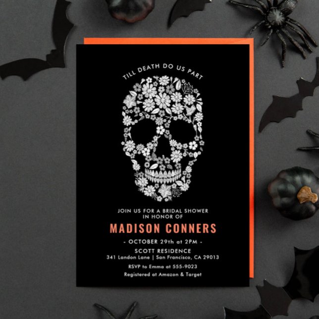 Convite Chá de panela Floral Preto do Crânio do Halloween (Criador carregado)