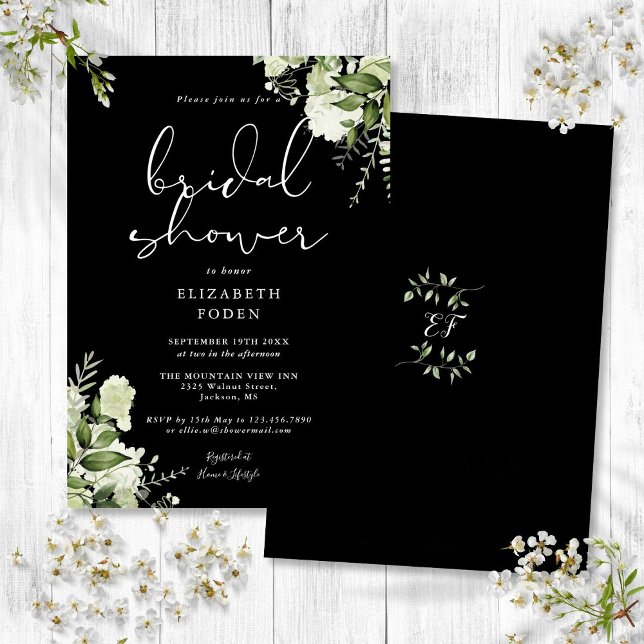 Convite Chá de panela Floral Preto E Verde Branco (Black And White Greenery Floral Bridal Shower Invitation)
