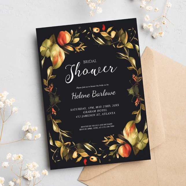 Convite Chá de panela Floral Preto Elegante (Elegant Black Floral Bridal Shower Invitation)